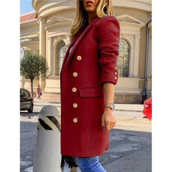 Women's Fall Winter Wool Coat Double Breasted Midi Peacoat Trench Coat - Picture 3 of 6